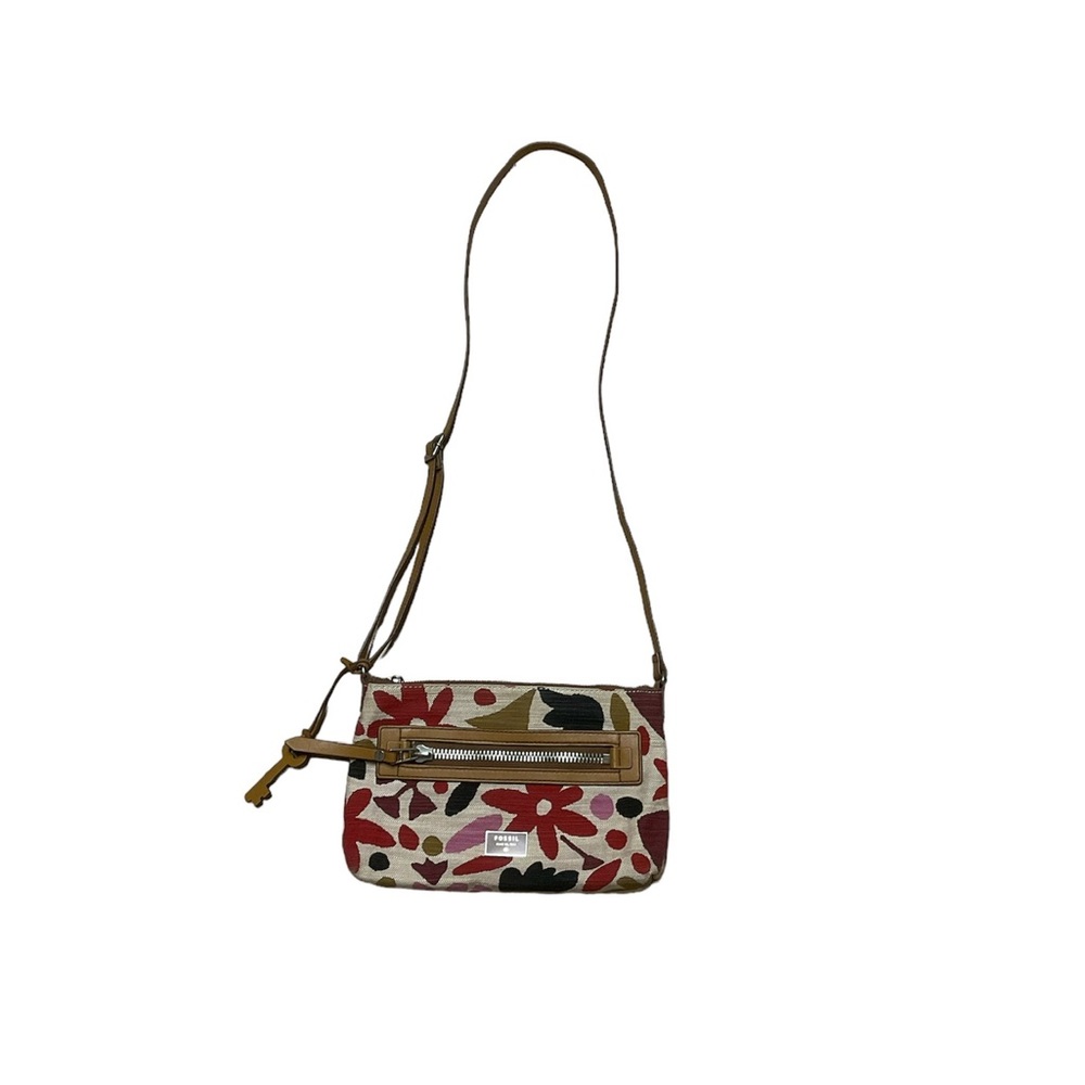 Fossil Floral Crossbody Purse Dawson Bag Tan Pink Red Flowers Adjustable Straps